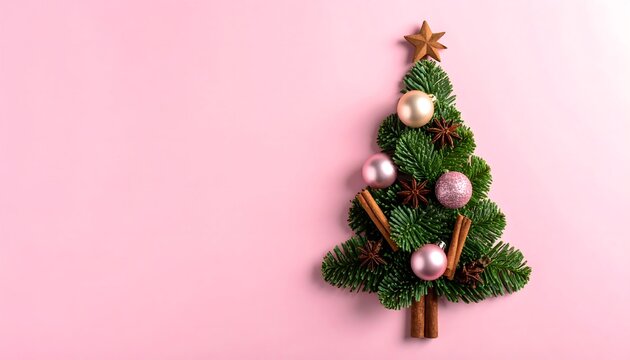 Flat lay Christmas tree composed of fir branches, pink baubles, star anise, and cinnamon sticks on pink background.