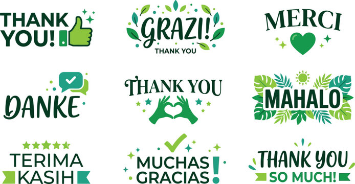 Set of thank you typography designs in various languages with green decorative botanical elements and hand drawn lettering styles