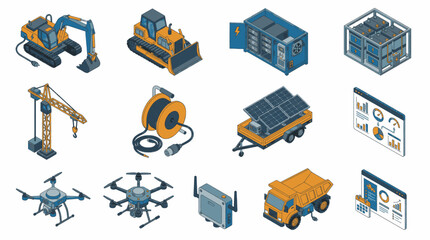 Collection of isometric construction and technology icons including heavy machinery, drones, and solar power. © syukron