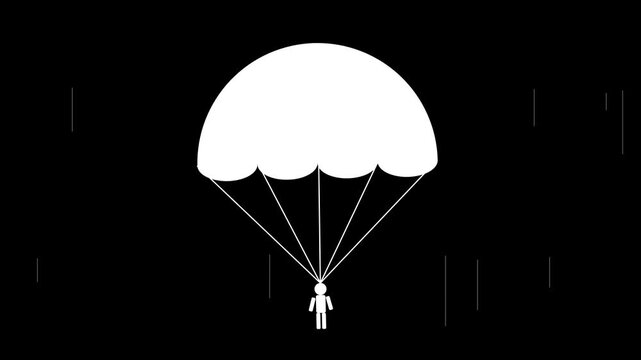Minimalist white parachute with person descending against black background.