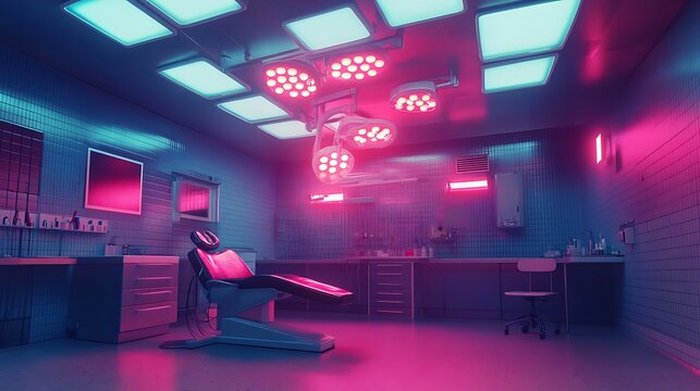 Lit exam room, chair, surgical lights, medicine setup, for science or medical use