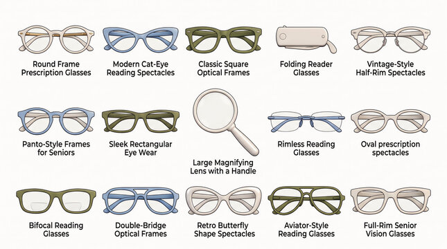 Diverse Eyewear Styles with Magnifying Glass illustration for vision correction and fashion