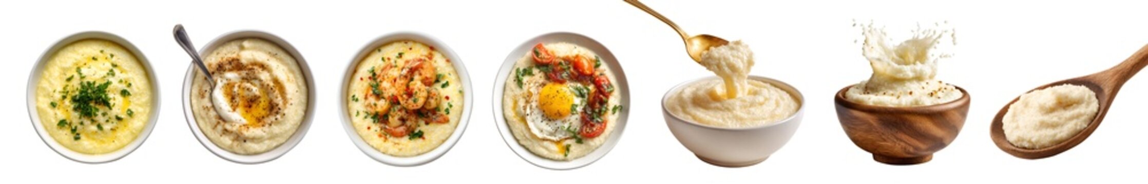 Set of grits, classic creamy Southern U.S. porridge staple, ground corn hominy, with cheese butter cream, ingredient tomato egg prawn, spoon bowl, transparent cutout PNG. mockup for design