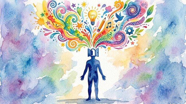 Small blue figure under exploding watercolor idea burst