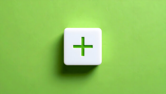 A square white block features a green plus symbol centered on a vibrant, light green background. Soft shadows add dimension