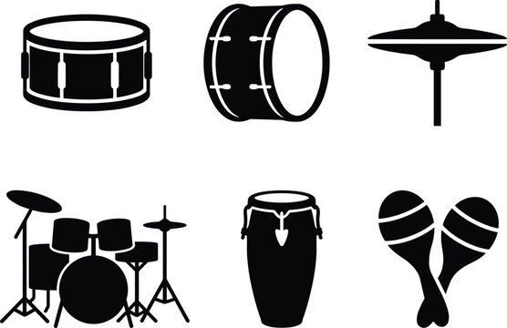 Percussion Instrument Silhouette Icon Set Featuring Drum Kit, Conga, and Maracas