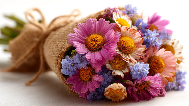 Colorful bouquet of assorted wildflowers wrapped in burlap fabric with wildflowers, colorful