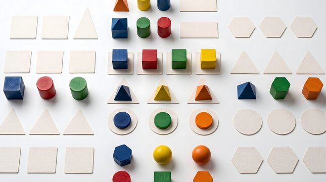 Colorful geometric shapes and matching paper cutouts. Educational math game for children.