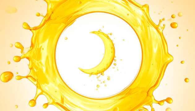 A splash of vibrant orange liquid forms a circle around a crescent-shaped entity against a bright background. Dynamic movement