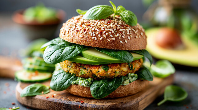 A healthy vegetarian burger with spinach, avocado, and a sesame seed bun on a wooden board.
