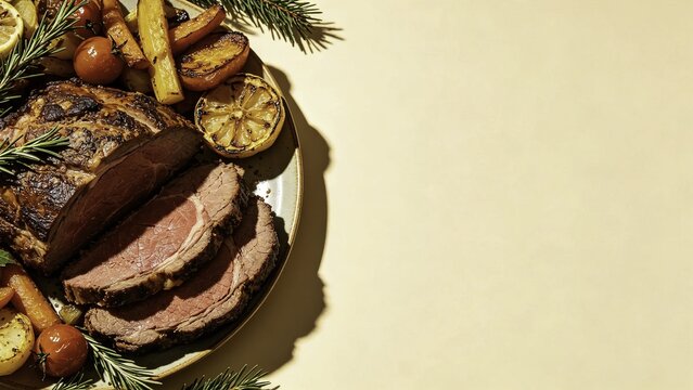 Sunlit Christmas spread with prime rib and roasted vegetable