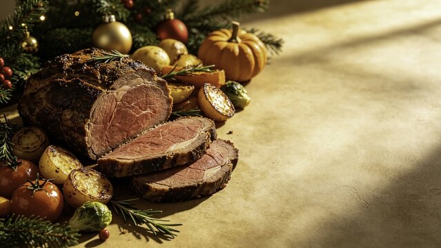 Sunlit Christmas spread with prime rib and roasted vegetable
