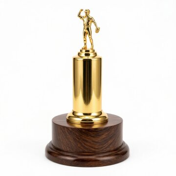 Gold trophy award for first place winner on wooden base. Shining championship cup symbolizing success and achievement in business or sports.