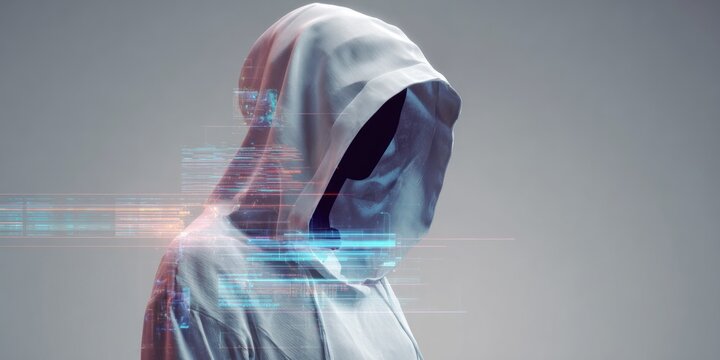 Anonymous figure in a white hoodie with digital overlay conceptual image
