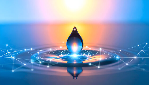 A singular droplet hovers above a rippling surface, illuminated by a warm glow and ringed by a network of interconnected points