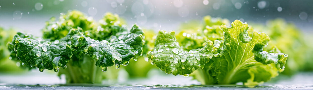 Fresh green lettuce leaves glistening with water droplets in a close-up shot during rainfall.
