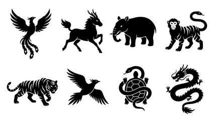 Fototapeta premium Set of ancient mythical creature and animal silhouettes in black, phoenix, horse, elephant, monkey, tiger, snake, turtle and dragon, vector motif