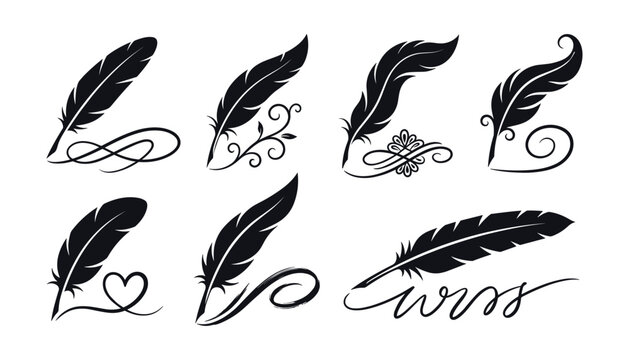 Vintage quill feather pen set silhouette flourish swirl calligraphy writing literature poetry author logo element vector illustration