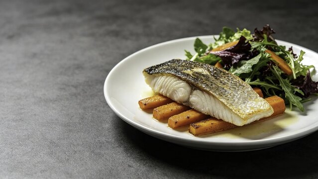 Sea bass fillet with roasted carrot batons and garden salad