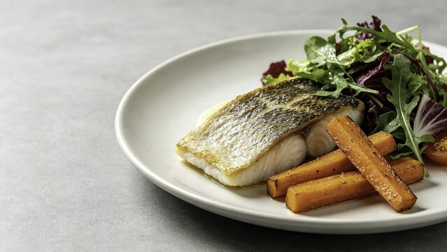 Sea bass fillet with roasted carrot batons and garden salad
