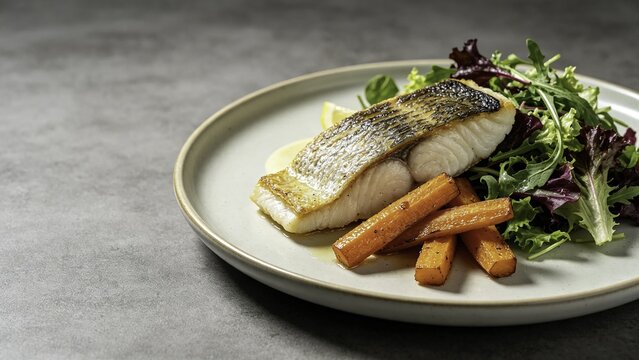 Sea bass fillet with roasted carrot batons and garden salad