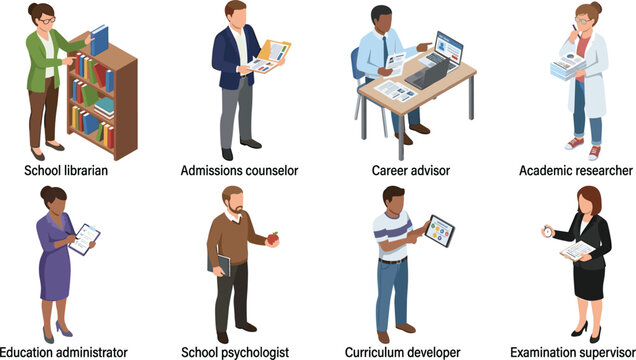 Education Professionals Vector Character Set Featuring School Staff, Academic Support and Student Services