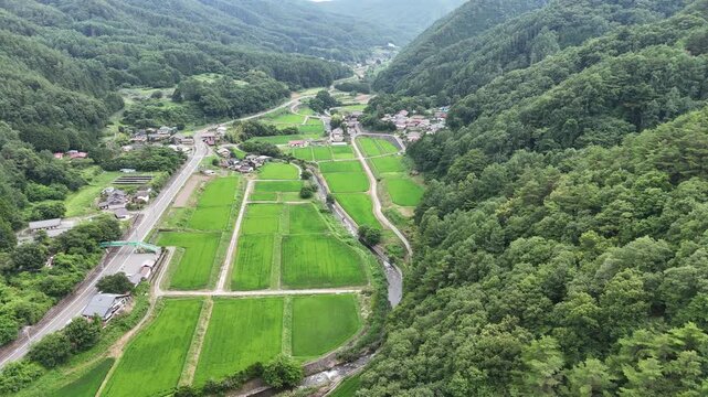 Aerial view of valley with rice paddies and forested hills. Green fields stretch between homes and winding roads. Village nestled in calm, lush landscape. Calm scenery invites peaceful, rural escape