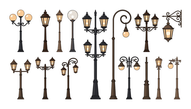 Vintage street lamp vector set featuring old fashioned wrought iron lampposts lanterns and exterior city park lighting fixtures on white background