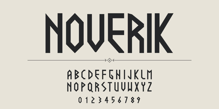 Noverik geometric condensed display alphabet font with angular uppercase lettering and numeric character set