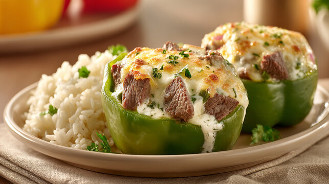 Stuffed green bell peppers baked with meat and melted cheese served with white rice, oven baked