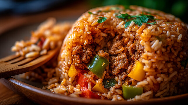 Delicious asian style beef stir fry with rice and colorful bell peppers served on a dark plate
