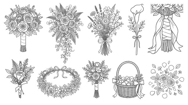 Vintage hand drawn wedding flower bouquets set, botanical line art floral arrangements, 10 elegant black and white garden flower illustrations isolated PNG with Transparent Background