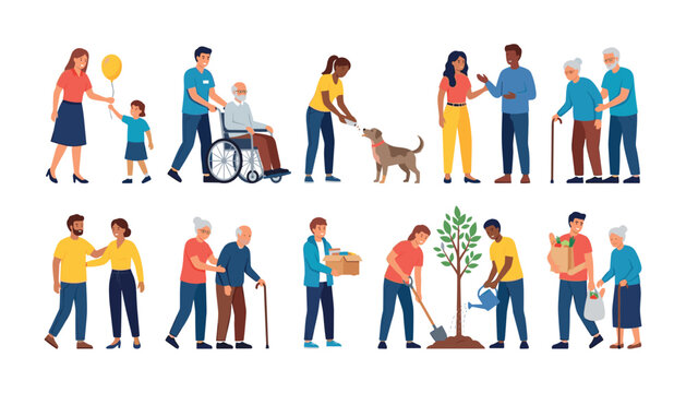 Volunteering and social community service vector character set with people helping seniors planting trees and feeding animals illustration.