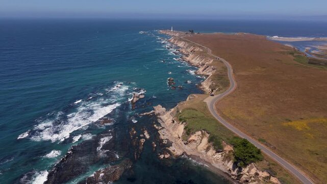Watch the aerial views of the Point Arena Lighthouse located near Mendocino on the northern California coast by the Pacific Ocean
