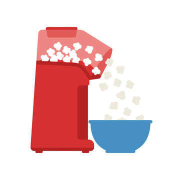 Red Popcorn Maker Machine Pouring Popcorn into Blue Bowl, Flat Design