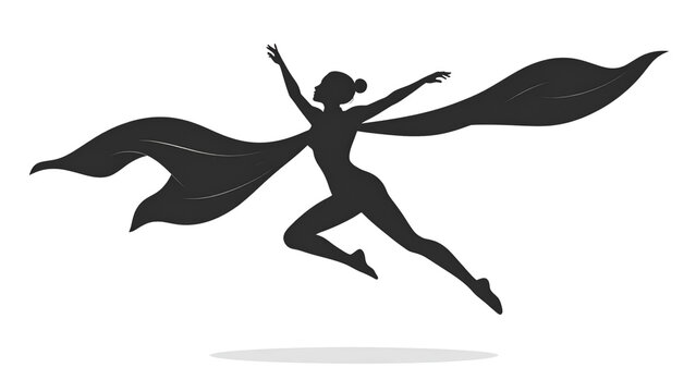 Silhouette of Woman Jumping with Flowing Fabric Wings for Freedom and Dance Concept