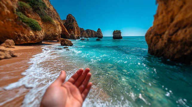 First person view of an outstretched hand reaching towards the turquoise ocean surf