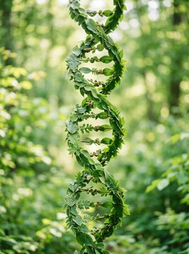 A stylized DNA double helix is constructed from a vibrant cascade of green leaves. The leaves are densely packed, forming the characteristic ladder-like structure of the genetic code.