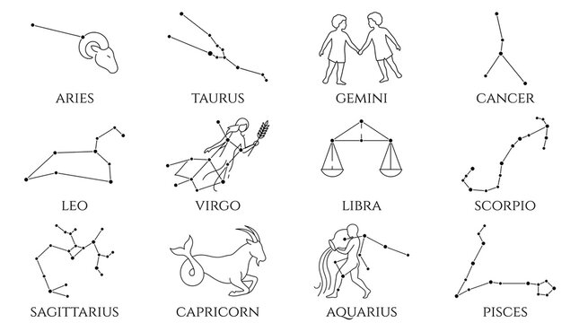 Zodiac constellation icons set, minimalist astrology star signs collection, black line art horoscope symbols for mystical branding isolated PNG with Transparent Background