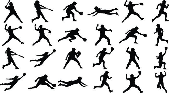 Softball Player Silhouette Bundle Featuring Batting Pitching Catching and Running Vector CollectionSoftball Player Silhouette Bundle Featuring Batting Pitching Catching and Running Vector Collection