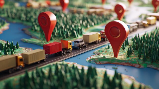 3D diorama of logistics transport concept with delivery trucks and red location pin pointer on map, Miniature cargo trucks driving on road map with big red GPS pin markers, cargo tracking concept.