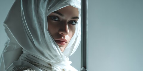 Naklejka premium Woman with a white headscarf looking directly at the viewer with a thoughtful expression