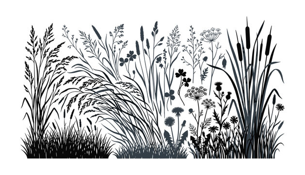 Wild grass and field flower silhouette vector set featuring meadow weeds reeds cattails and botanical garden plants for nature designs