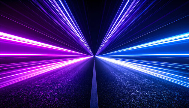 A vibrant abstract composition features converging streaks of light creating a symmetrical tunnel effect against a dark backdrop
