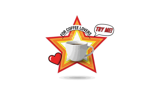 Coffee cup in starburst with try me message and heart