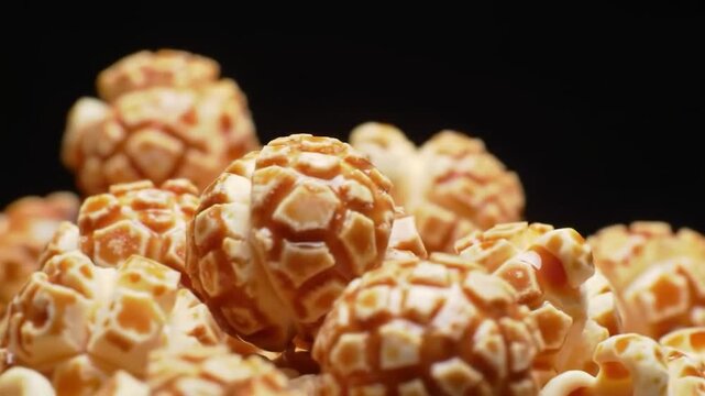 Macro view of golden caramel popcorn kernels.