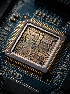 A close-up photograph showcases a central processor unit (CPU) embedded within a printed circuit board (PCB).