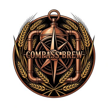 Vintage compass and beer logo design for brewery branding. Antique navigation emblem with laurel wreath and steampunk aesthetic for craft beer labels.