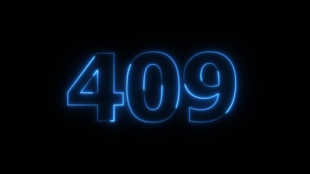 Abstract Glowing Blue Neon Number 409 on Black Background 4k Illustration.