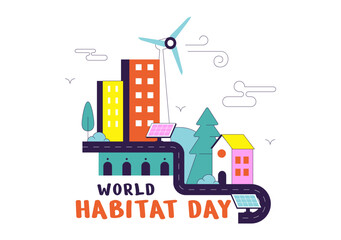 Fototapeta premium World Habitat Day Illustration Featuring Sustainable Urban Development, Eco Friendly Communities, Green Cities, Renewable Energy, and Modern Living